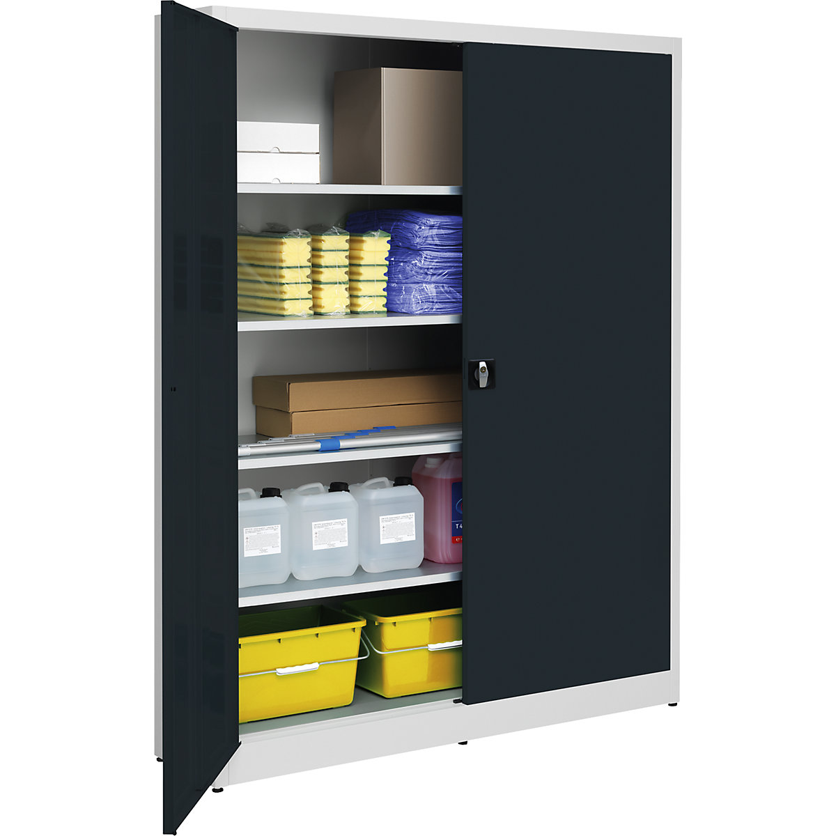 Jumbo double door cupboard – mauser, width 1500 mm, 4 shelves, depth 420 mm, doors charcoal-2