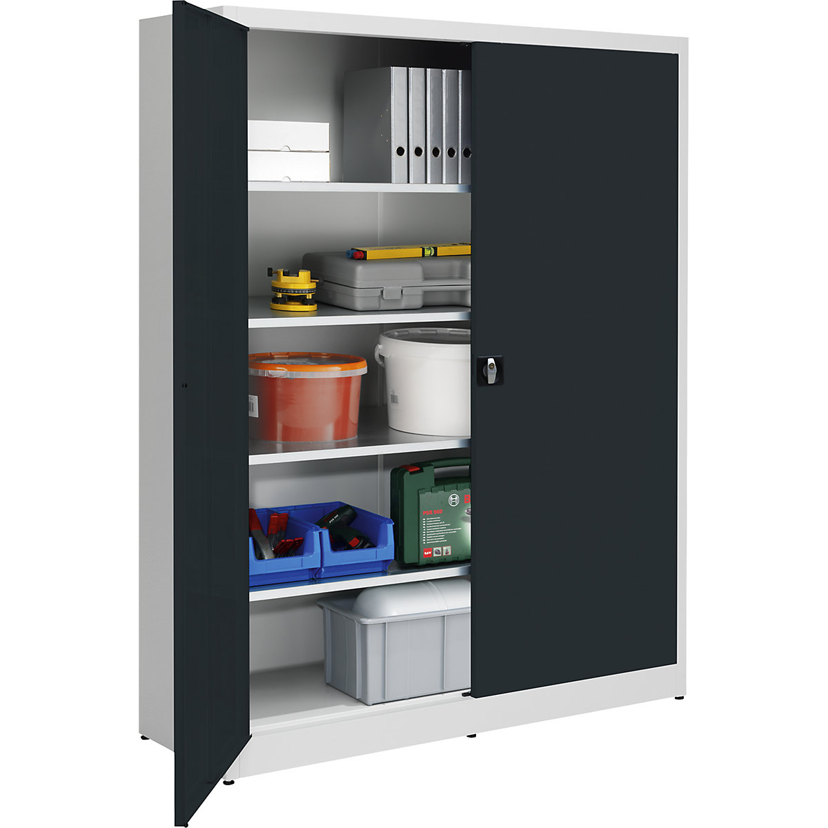 Jumbo double door cupboard – mauser, width 1500 mm, 4 shelves, depth 600 mm, doors charcoal-3