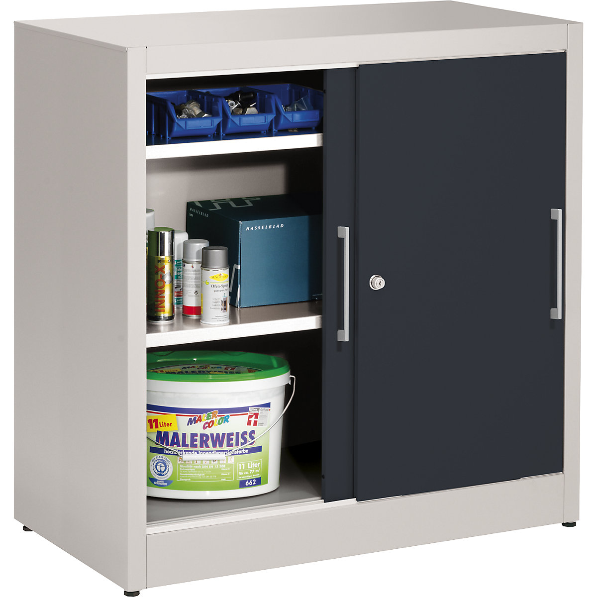 Sliding door cupboard, height 1000 mm – eurokraft pro, with 2 shelves, depth 500 mm, doors charcoal RAL 7016-8