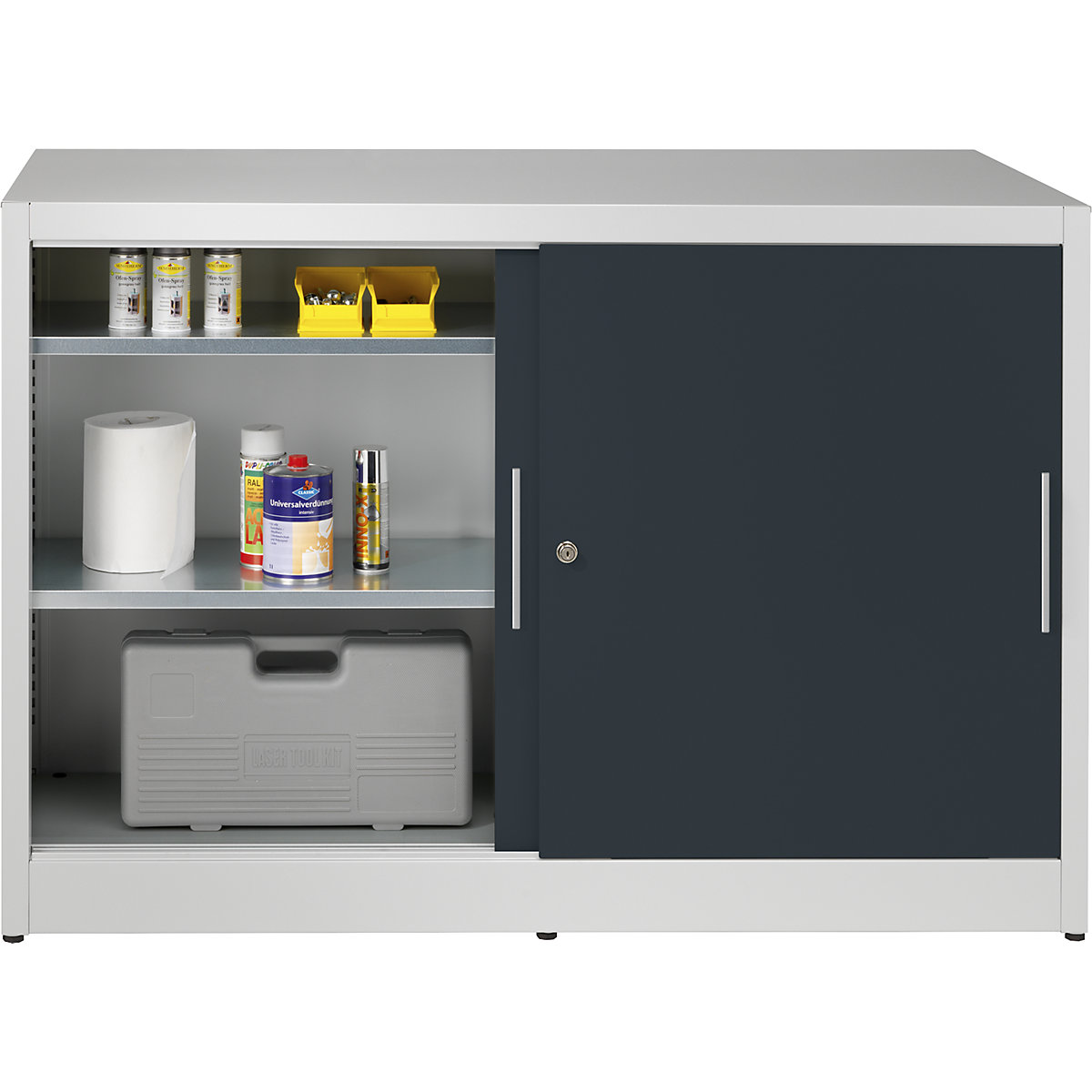 Sliding door cupboard, height 1000 mm – eurokraft pro, with centre partition and 2 x 2 shelves, width 1500 mm, depth 600 mm, doors charcoal RAL 7016-2