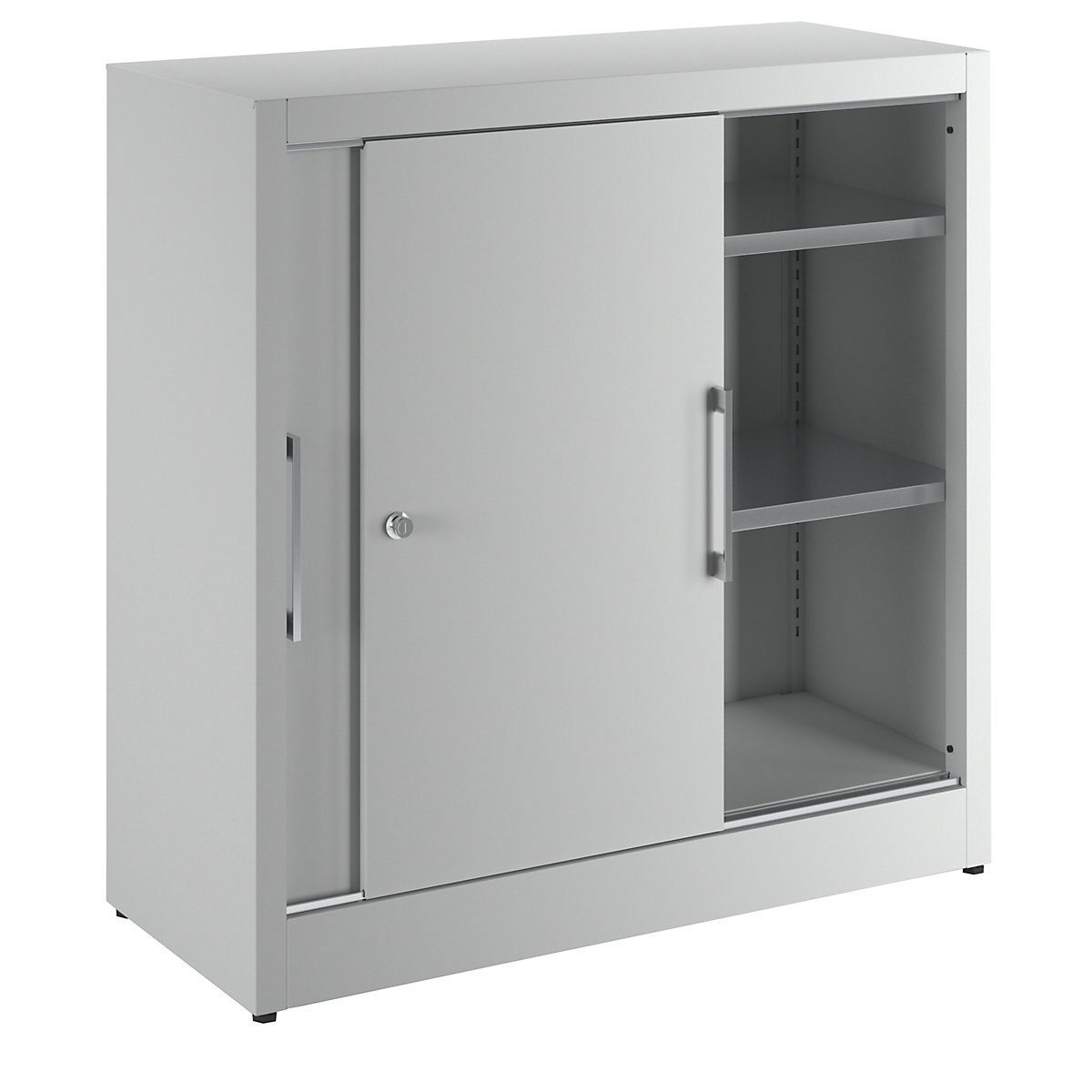 Sliding door cupboard, height 1000 mm – eurokraft pro, with 2 shelves, depth 420 mm, doors in light grey RAL 7035-9
