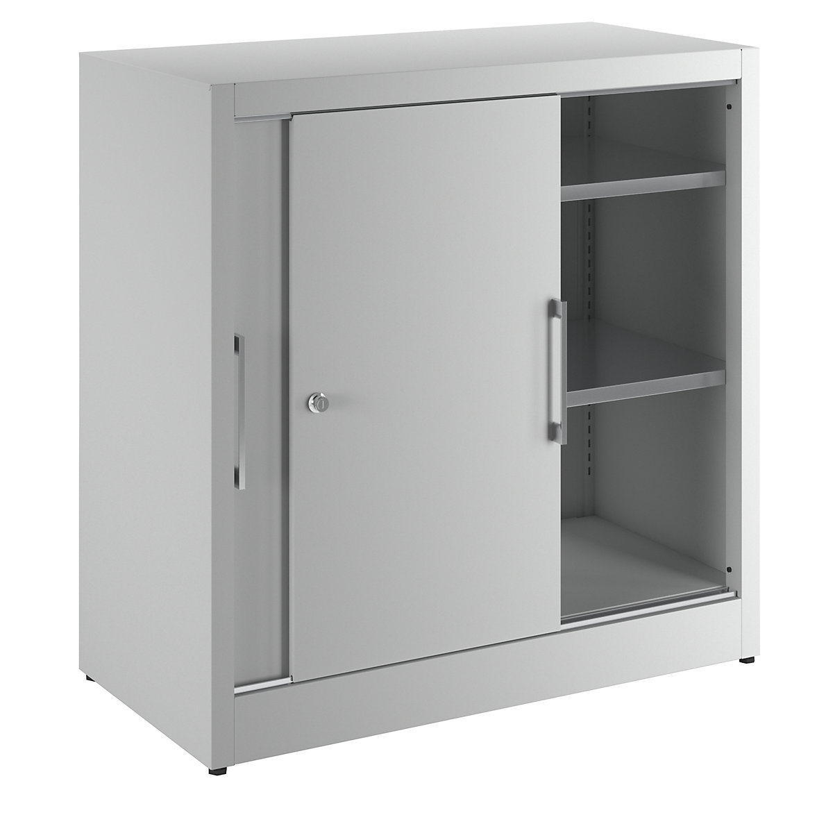 Sliding door cupboard, height 1000 mm – eurokraft pro, with 2 shelves, depth 500 mm, doors in light grey RAL 7035-7