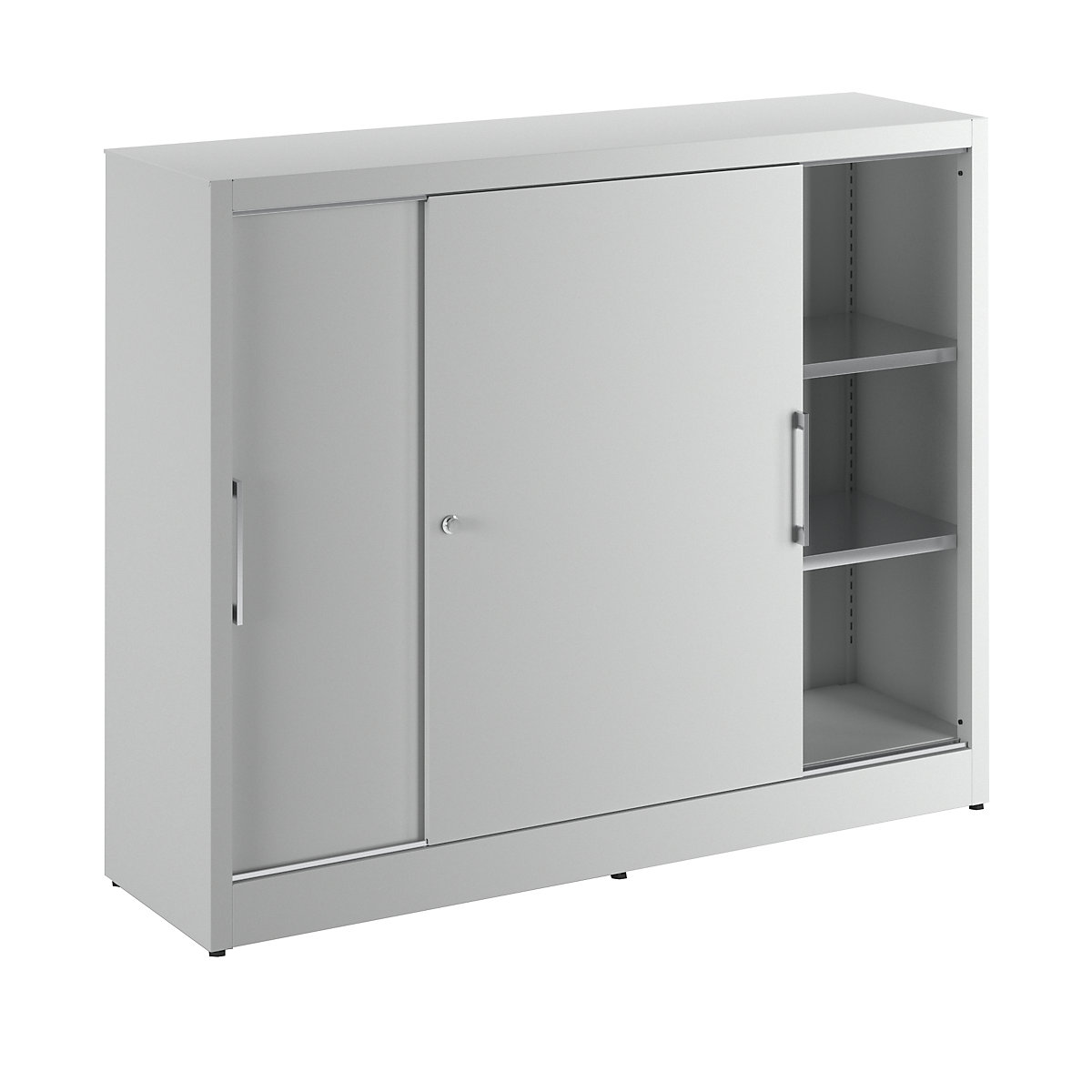 Sliding door cupboard, height 1200 mm – eurokraft pro, with centre partition and 2 x 2 shelves, HxW 1200 x 1500 mm, depth 420 mm, doors in light grey RAL 7035-3