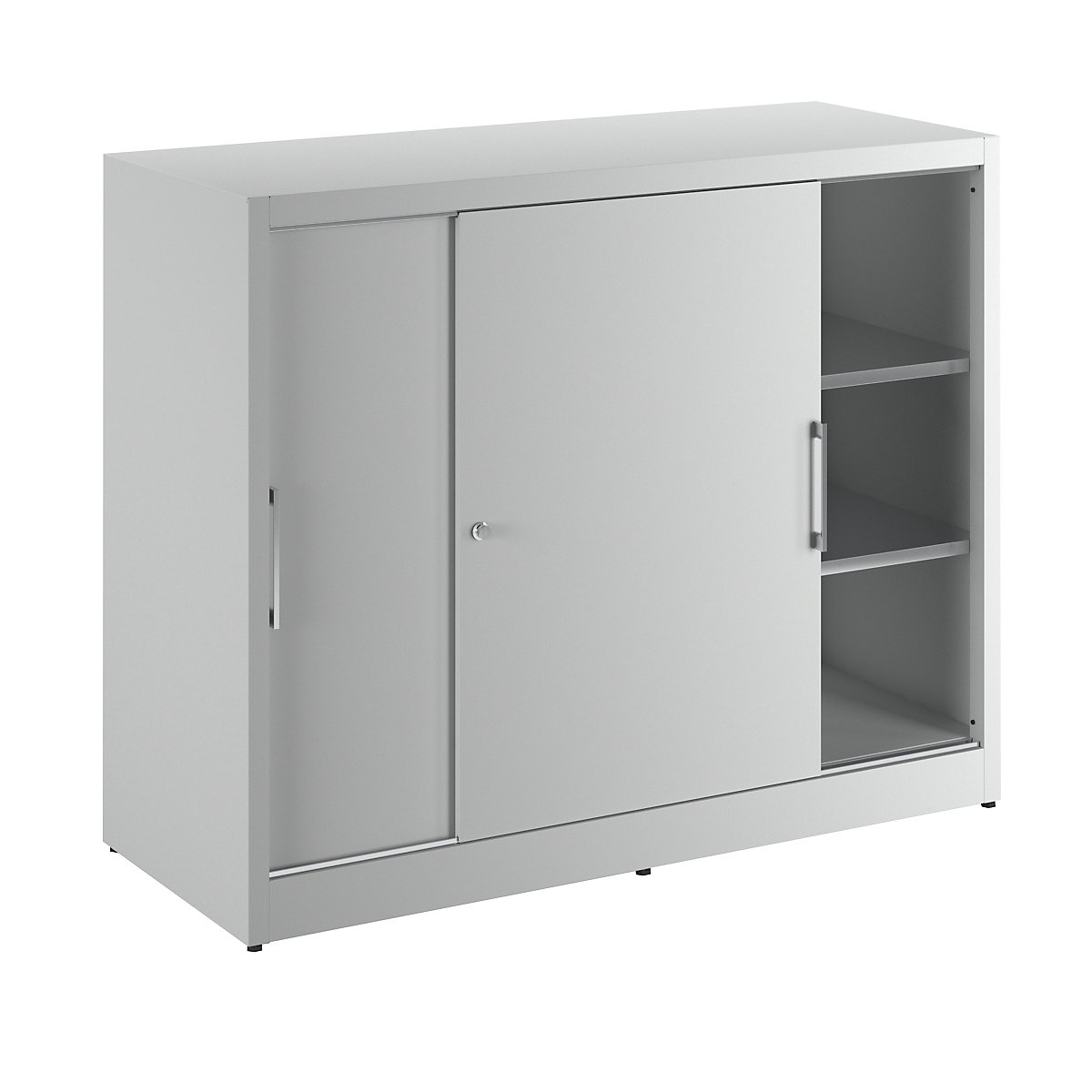Sliding door cupboard, height 1200 mm – eurokraft pro, with centre partition and 2 x 2 shelves, HxW 1200 x 1500 mm, depth 600 mm, doors in light grey RAL 7035-2
