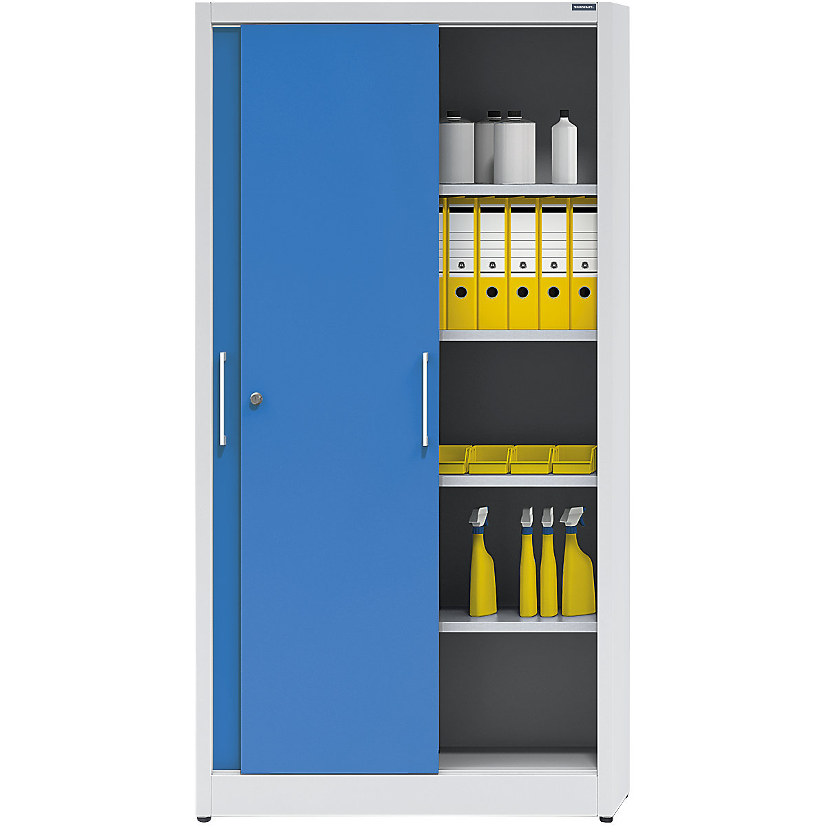 Sliding door cupboard, height 1950 mm – eurokraft pro, with 4 shelves, width 1000 mm, depth 500 mm, doors in light blue RAL 5012-6