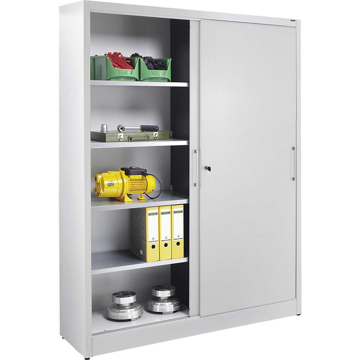 Sliding door cupboard, height 1950 mm – eurokraft pro, with centre partition and 2 x 4 shelves, width 1500 mm, depth 500 mm, doors in light grey RAL 7035-5
