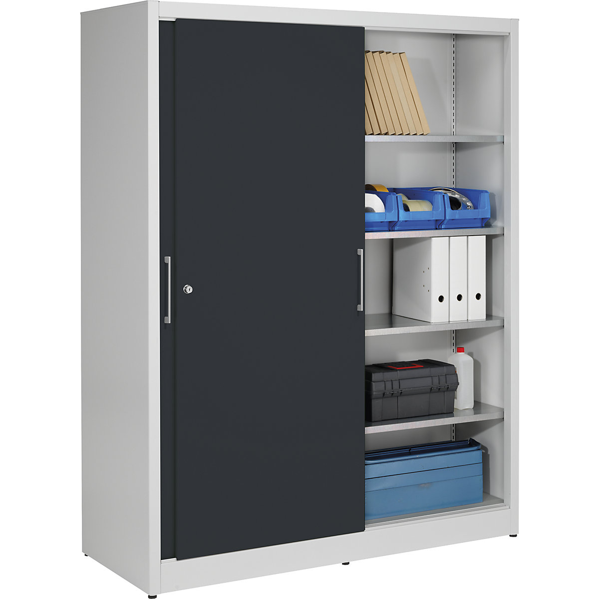 Sliding door cupboard, height 1950 mm – eurokraft pro, with centre partition and 2 x 4 shelves, width 1500 mm, depth 600 mm, doors charcoal RAL 7016-3