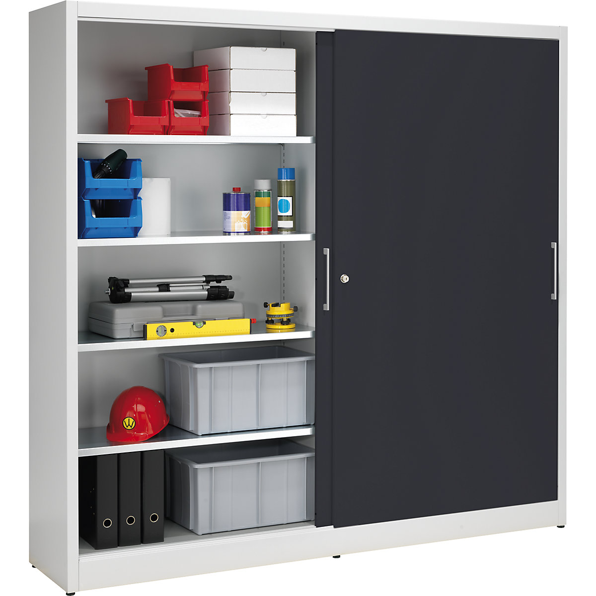 Sliding door cupboard, height 1950 mm – eurokraft pro, with centre partition and 2 x 4 shelves, width 2000 mm, depth 420 mm, doors charcoal RAL 7016-5