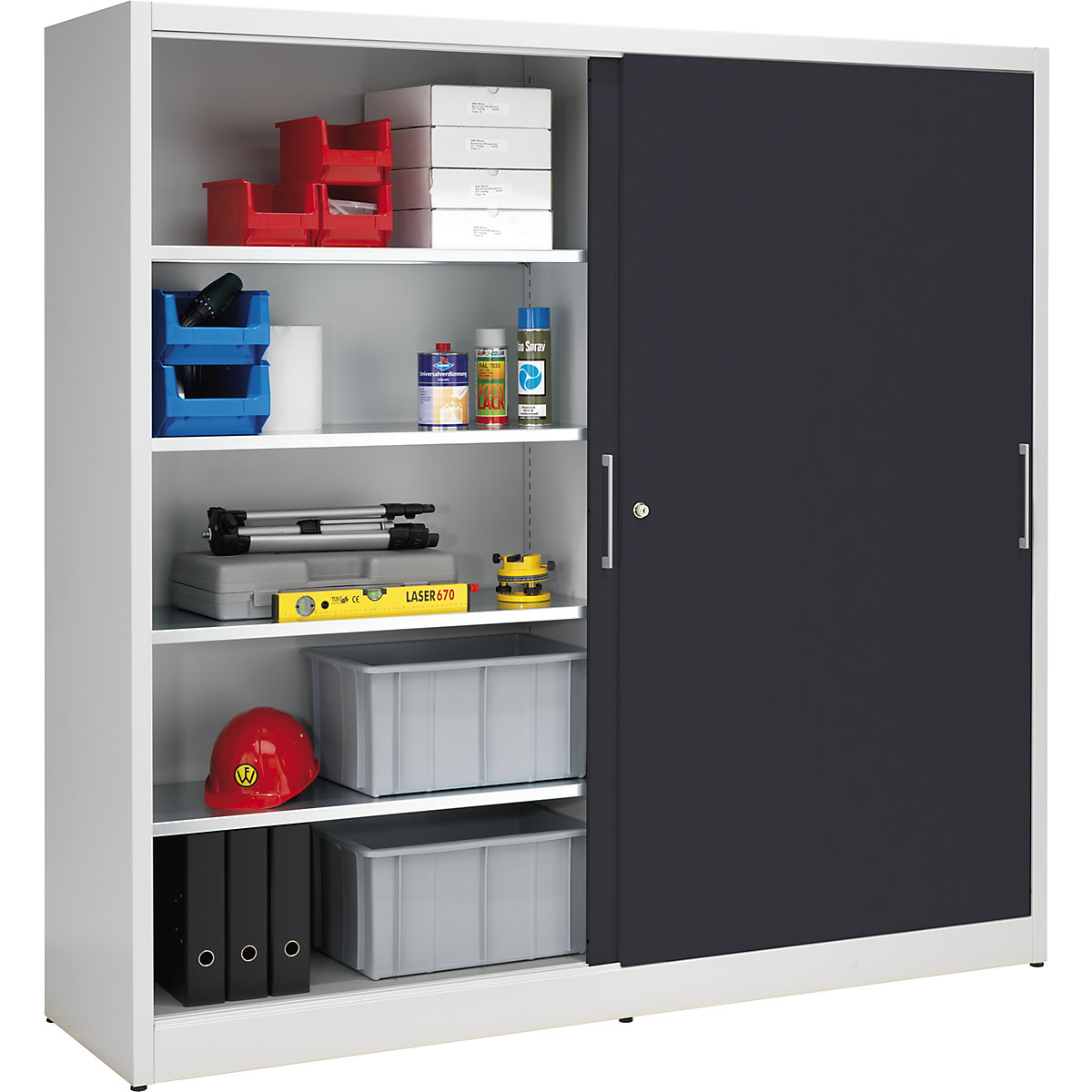 Sliding door cupboard, height 1950 mm – eurokraft pro, with centre partition and 2 x 4 shelves, width 2000 mm, depth 500 mm, doors charcoal RAL 7016-4