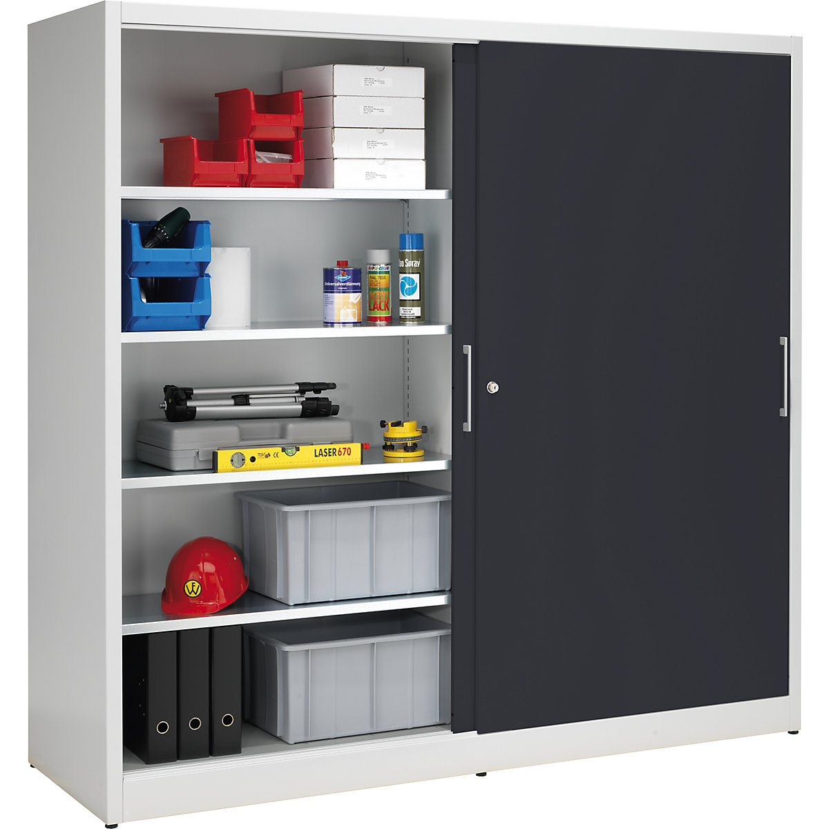 Sliding door cupboard, height 1950 mm – eurokraft pro, with centre partition and 2 x 4 shelves, width 2000 mm, depth 600 mm, doors charcoal RAL 7016-3