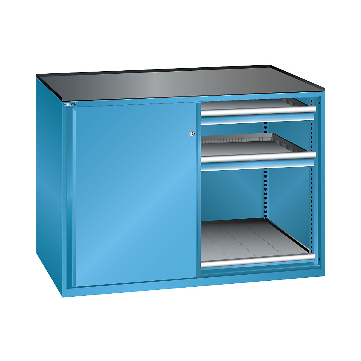 Sliding door cupboard, max. load of pull-out shelf 200 kg – LISTA, 4 drawers, 2 pull-out shelves, light blue-1