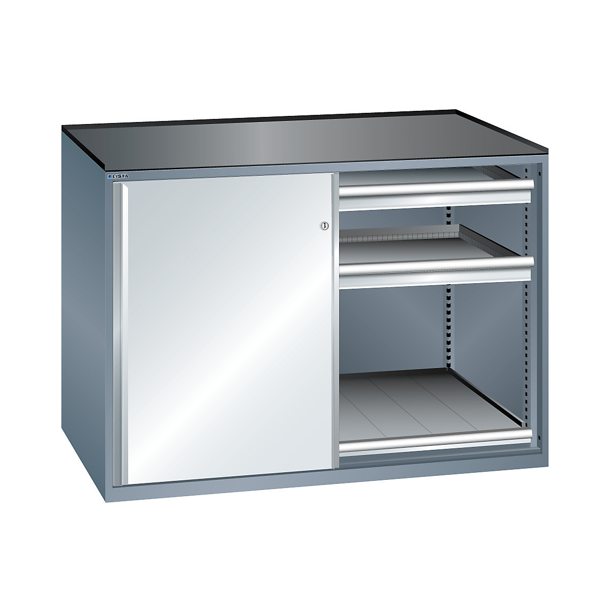 Sliding door cupboard, max. load of pull-out shelf 200 kg – LISTA, 4 drawers, 2 pull-out shelves, grey metallic / light grey-4