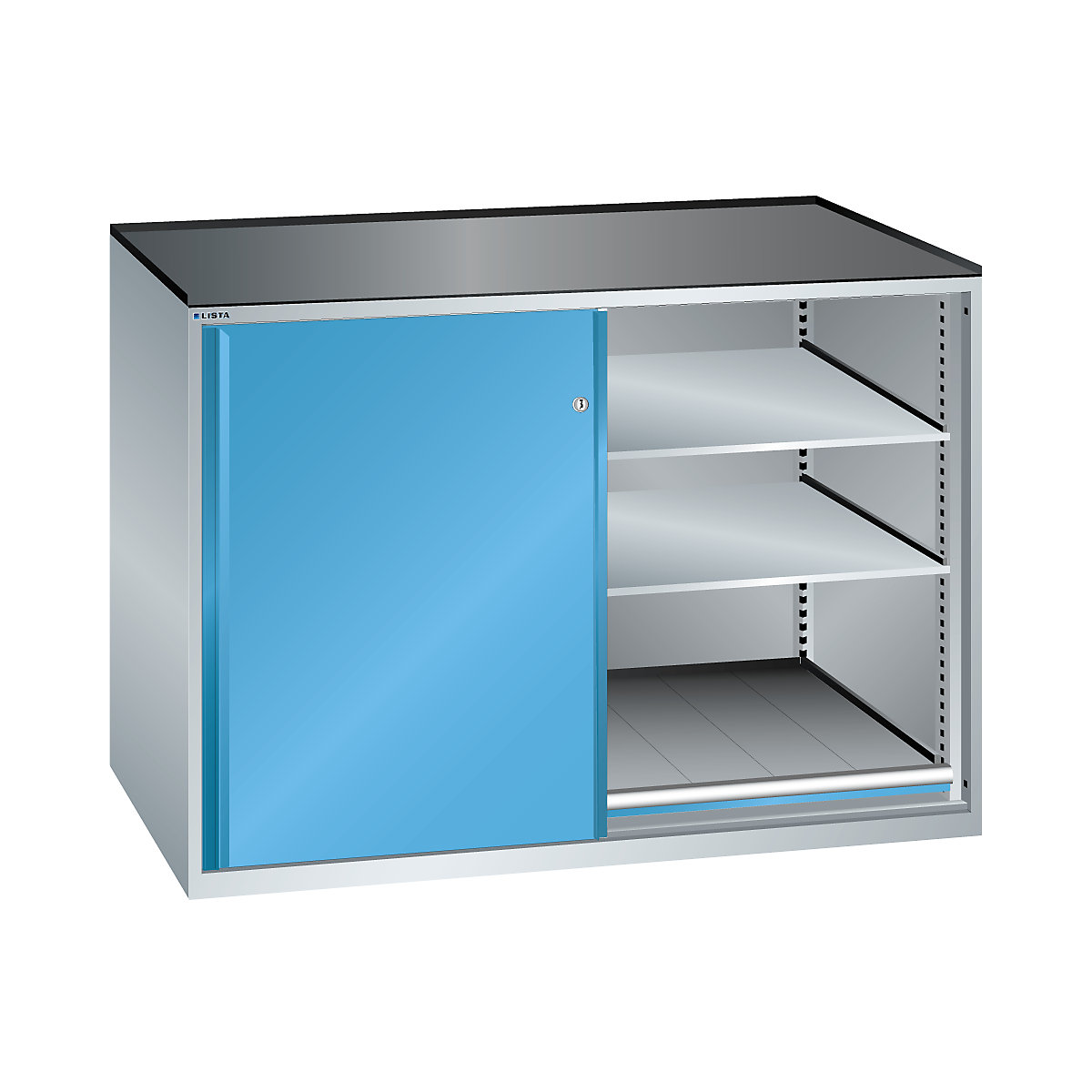 Sliding door cupboard, max. load of pull-out shelf 200 kg – LISTA, 4 adjustable drawers, 2 pull-out shelves, light grey / light blue-12