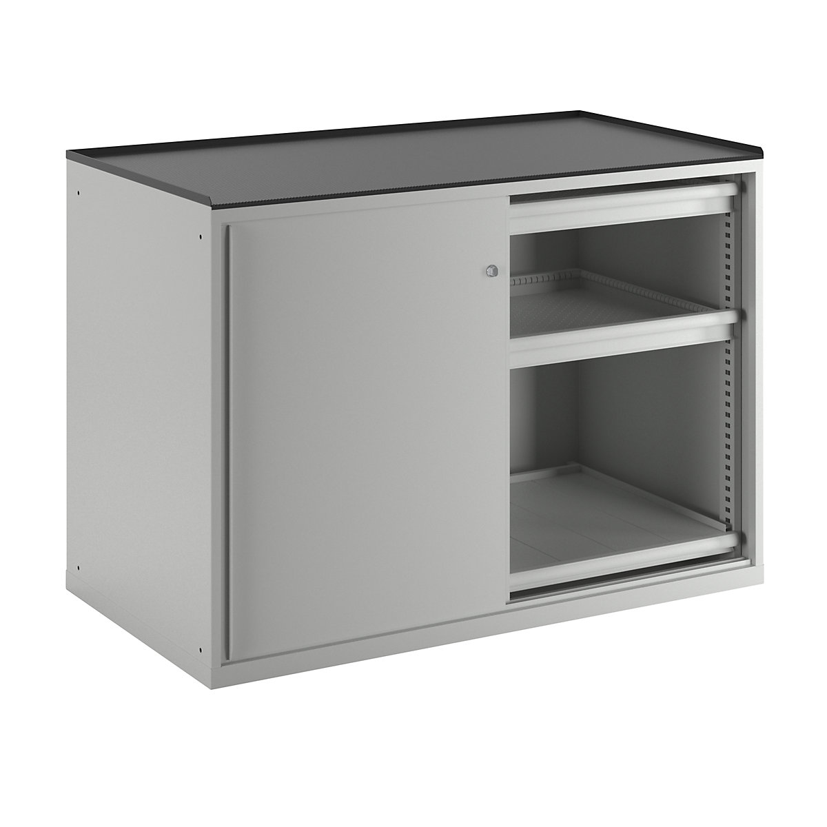 Sliding door cupboard, max. load of pull-out shelf 75 kg – LISTA, 4 drawers, 2 pull-out shelves, light grey-2