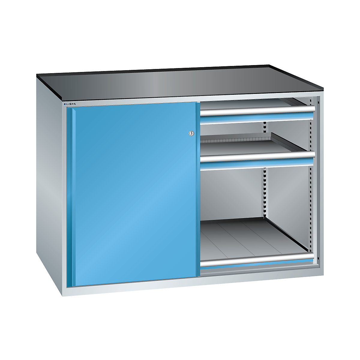 Sliding door cupboard, max. load of pull-out shelf 75 kg – LISTA, 4 drawers, 2 pull-out shelves, light grey / light blue-3