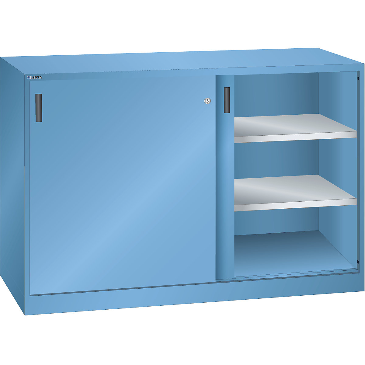 Sliding door cupboard – LISTA, HxW 1000 x 1500 mm, partition, depth 500 mm, light blue RAL 5012-9