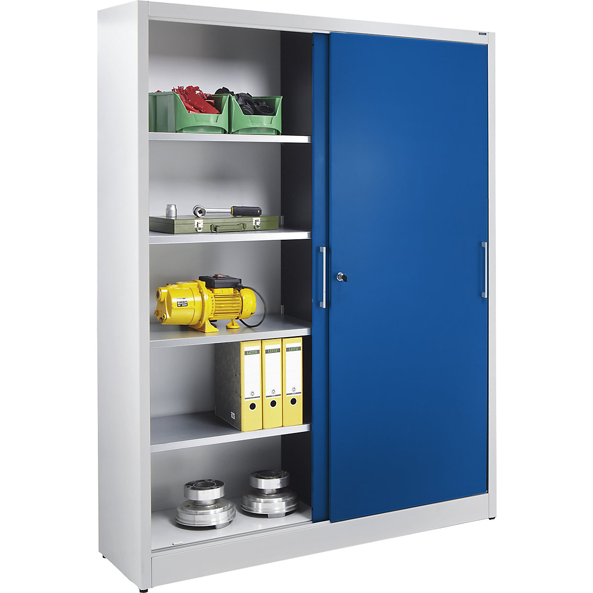 Sliding door cupboard – eurokraft basic, steel body, HxWxD 1950 x 1500 x 500 mm, grey/blue-2