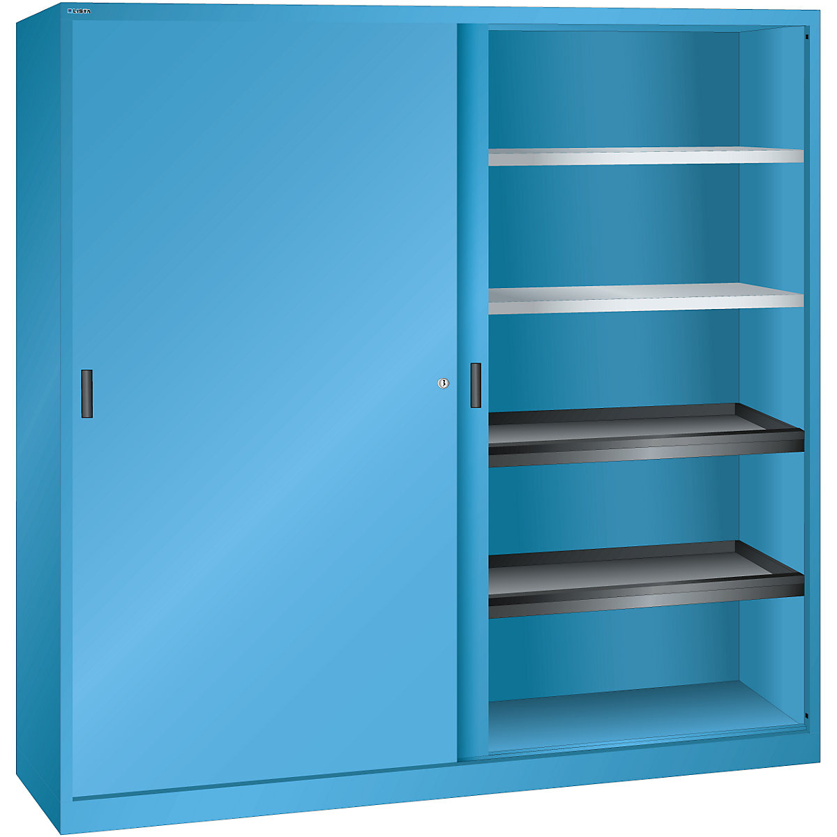 Sliding door cupboard with solid panel doors – LISTA, 4 shelves, 4 pull-out shelves, light blue-8