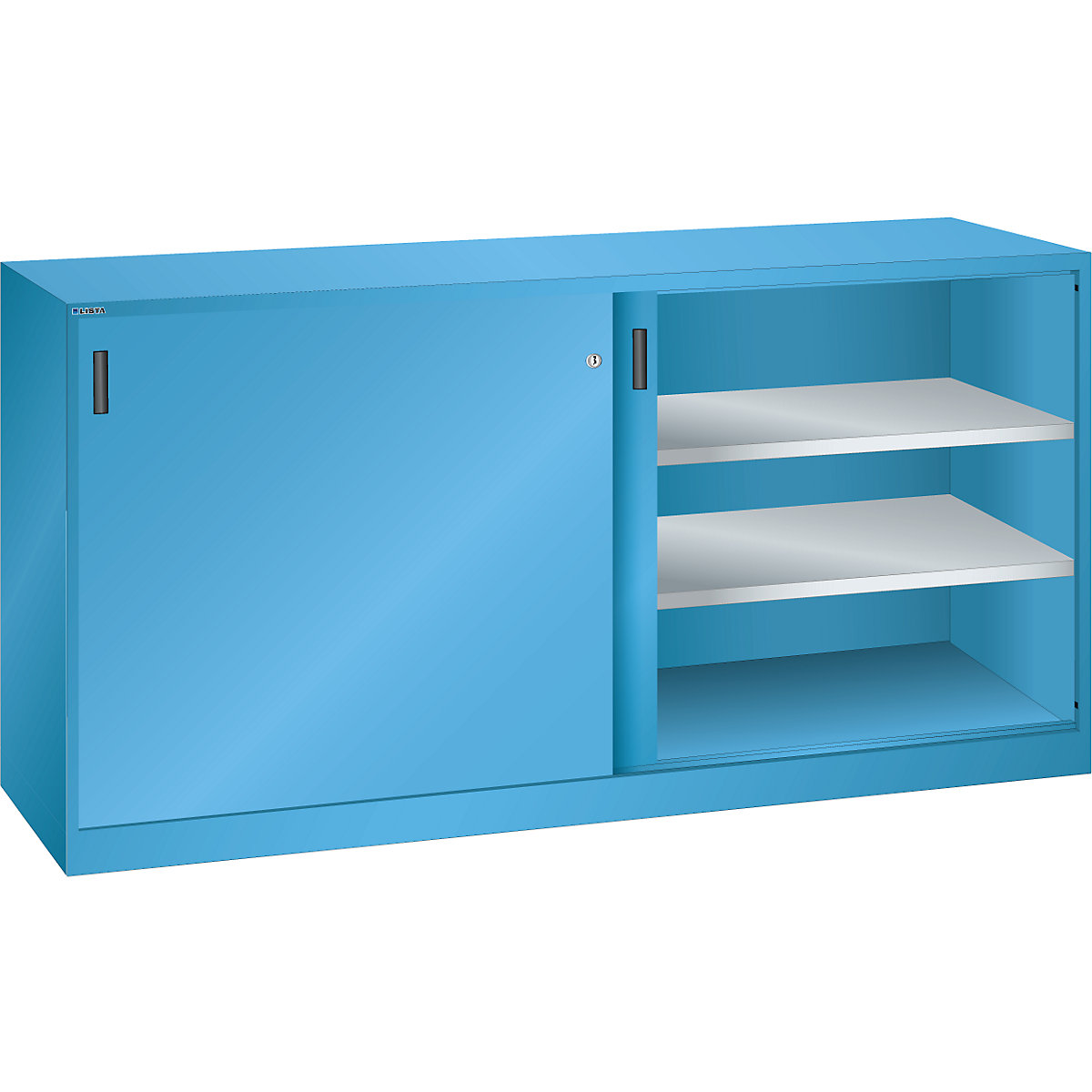 Sliding door cupboard with solid panel doors – LISTA, 2 shelves, 4 pull-out shelves, 2 drawers, light blue-9