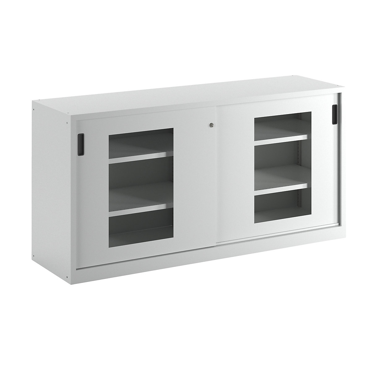 Sliding door cupboard with vision panel doors – LISTA, 4 shelves, light grey-2