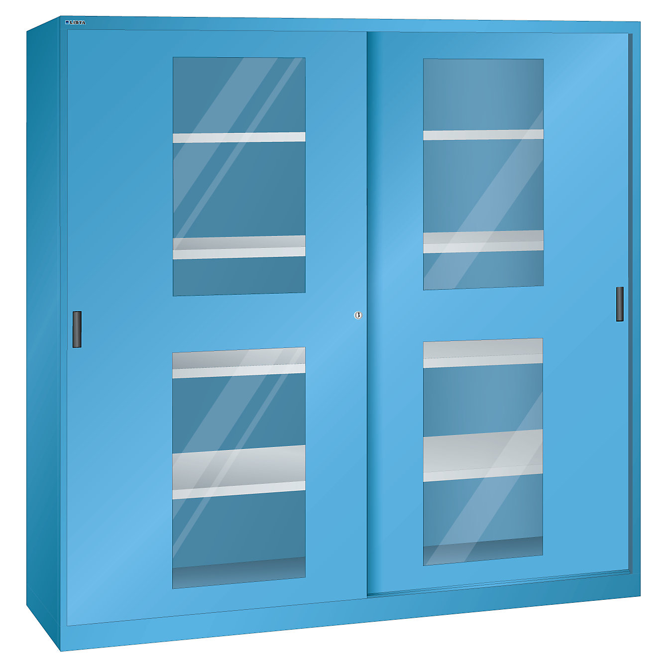 Sliding door cupboard with vision panel doors LISTA 8 shelves