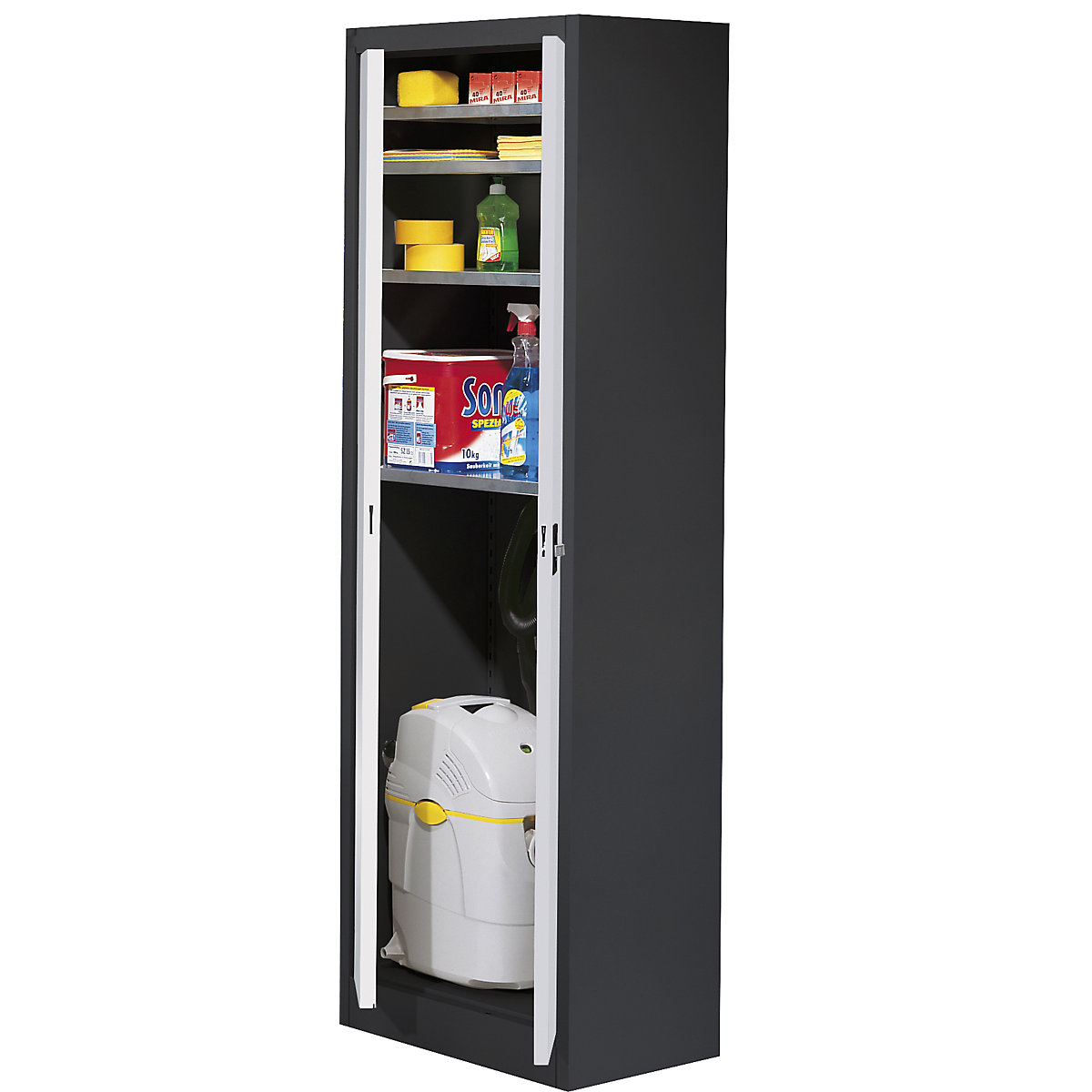 Storage cupboard, HxW 1950 x 600 mm – mauser, depth 420 mm, graphite black housing, light grey doors-6