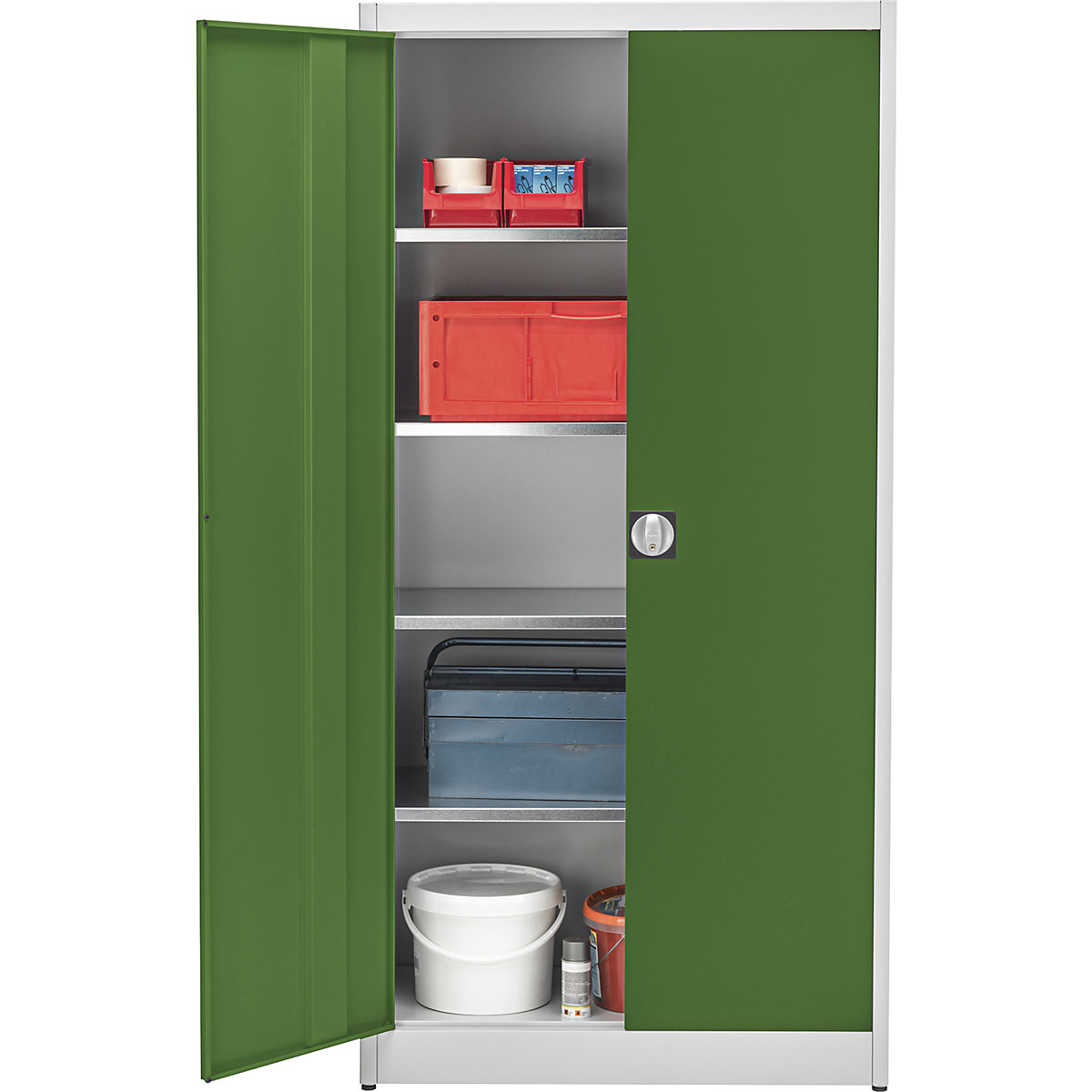 Storage cupboard, HxW 1950 x 950 mm – mauser, depth 420 mm, housing light grey, doors reseda green-2