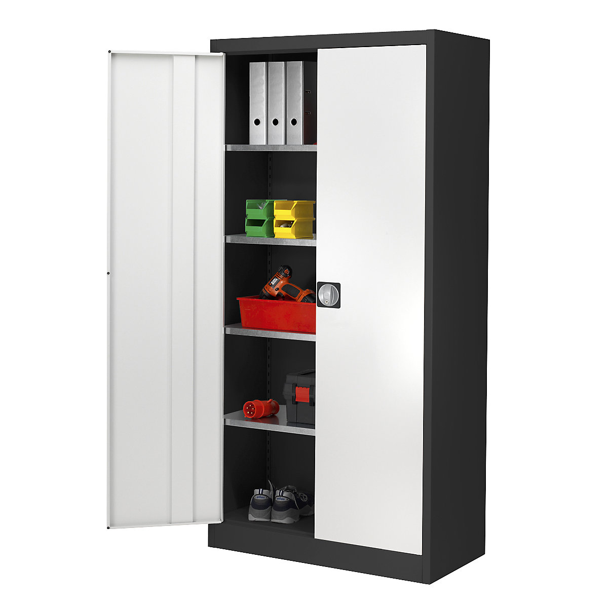 Storage cupboard, HxW 1950 x 950 mm – mauser, depth 500 mm, graphite black housing, light grey doors-8