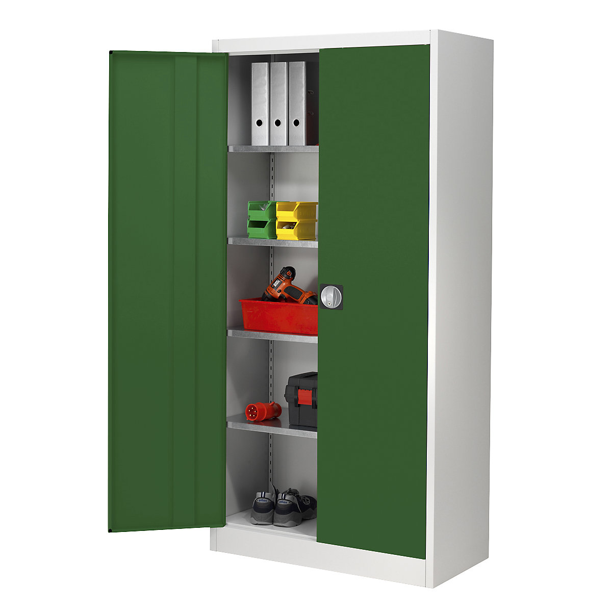 Storage cupboard, HxW 1950 x 950 mm – mauser, depth 500 mm, housing light grey, doors reseda green-6