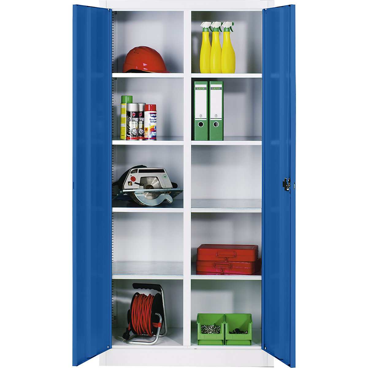 Storage cupboard made of sheet steel – C+P, 8 shelves, HxWxD 1950 x 1200 x 500 mm, gentian blue doors, light grey body-6