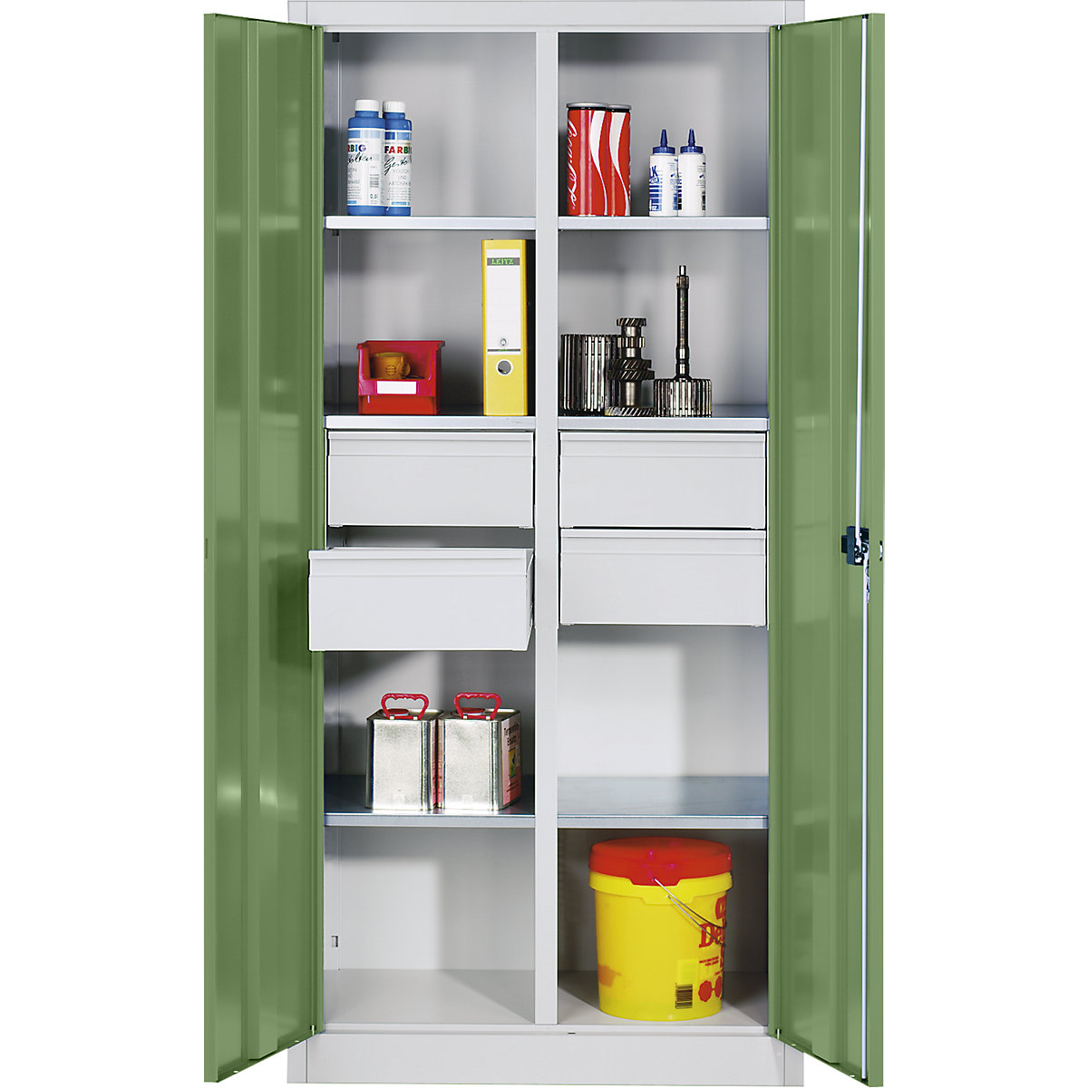 Storage cupboard made of sheet steel – C+P, 6 shelves, 4 drawers, HxWxD 1950 x 930 x 500 mm, reseda green doors, light grey body-7