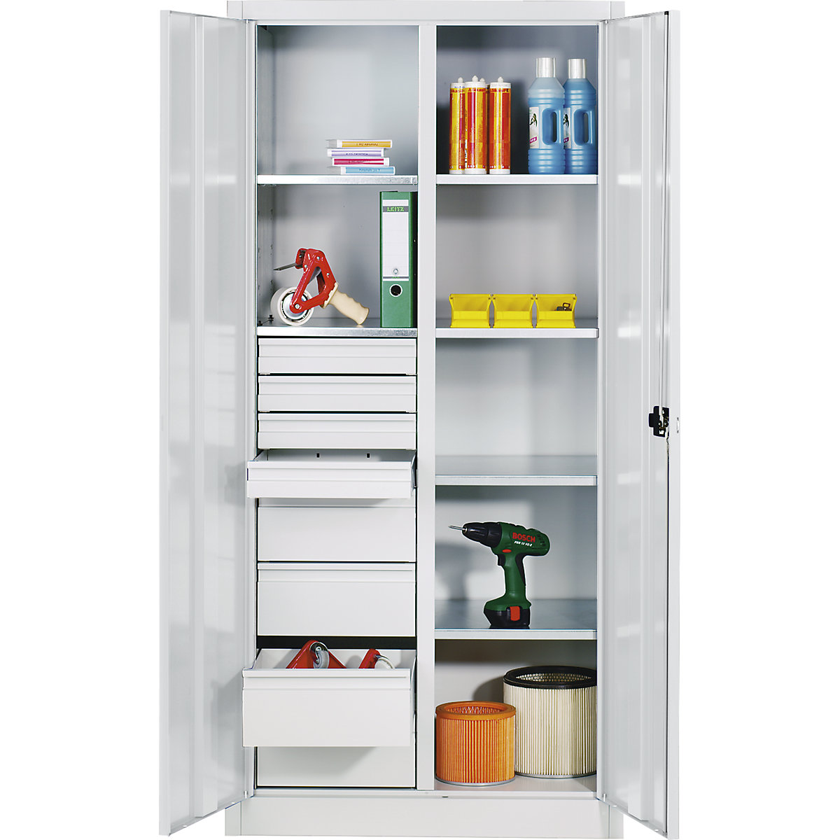 Storage cupboard made of sheet steel – C+P, 6 shelves, 8 drawers, HxWxD 1950 x 1200 x 500 mm, light grey-11