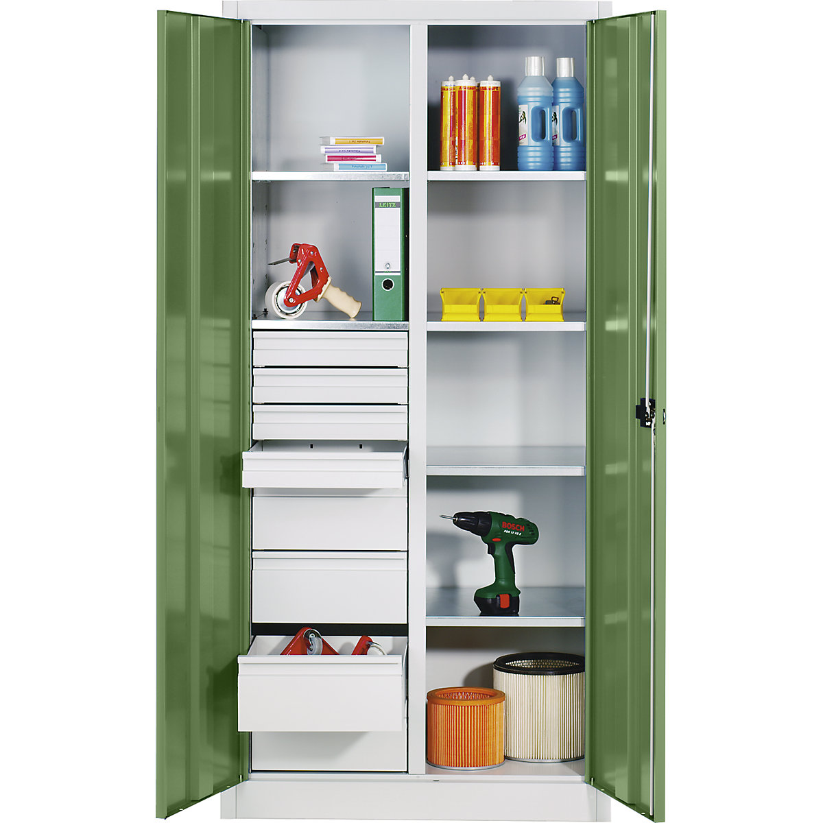 Storage cupboard made of sheet steel – C+P, 6 shelves, 8 drawers, HxWxD 1950 x 1200 x 500 mm, reseda green doors, light grey body-6