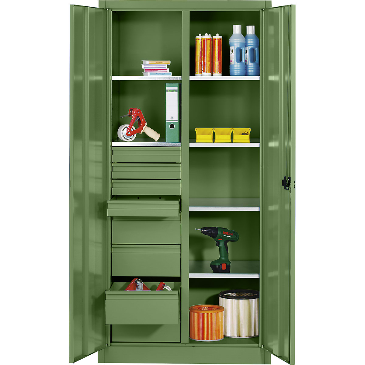 Storage cupboard made of sheet steel – C+P, 6 shelves, 8 drawers, HxWxD 1950 x 1200 x 500 mm, reseda green-8