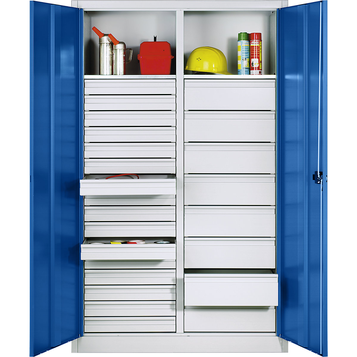 Storage cupboard made of sheet steel – C+P, 2 shelves, 24 drawers, HxWxD 1950 x 930 x 500 mm, gentian blue doors, light grey body-10