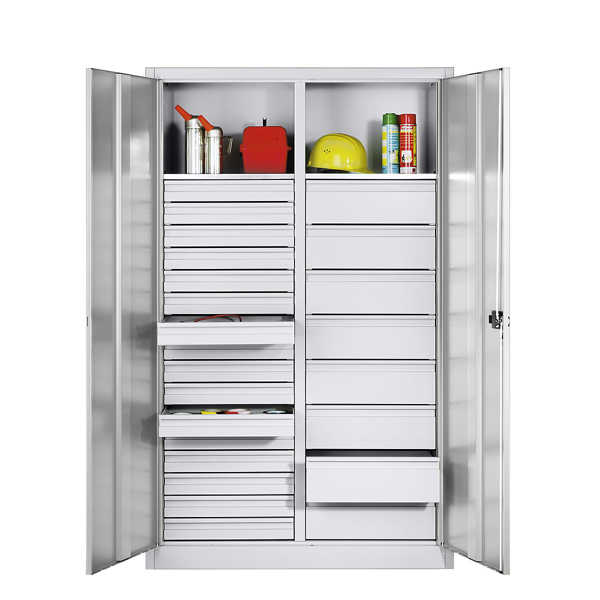 Storage cupboard made of sheet steel – C+P, 2 shelves, 24 drawers, HxWxD 1950 x 1200 x 500 mm, light grey-11