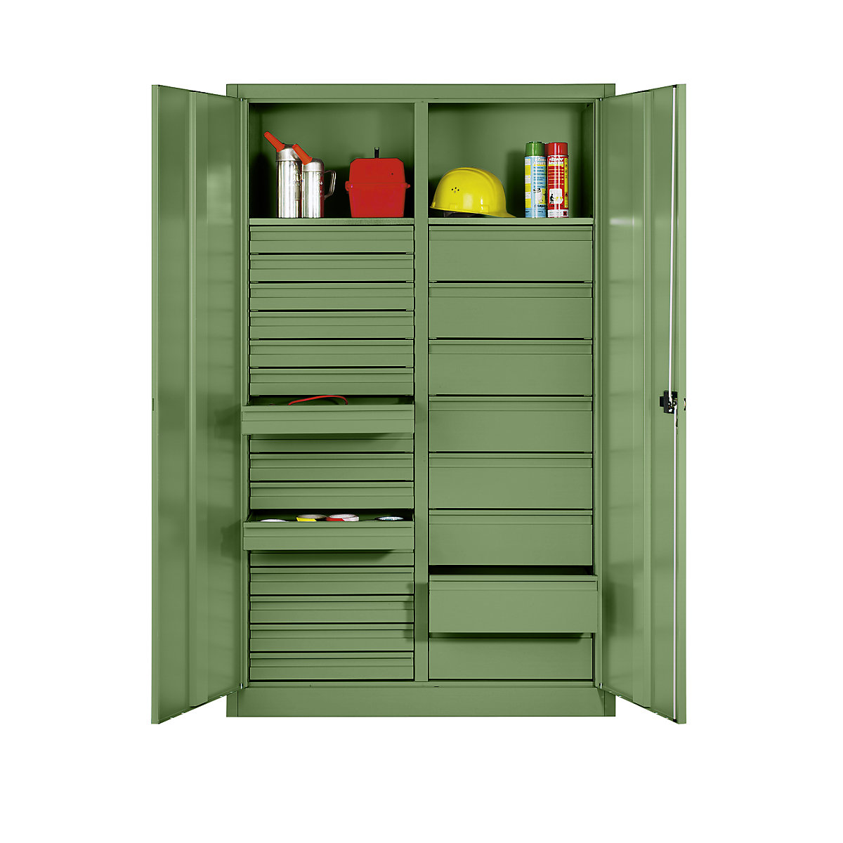 Storage cupboard made of sheet steel – C+P, 2 shelves, 24 drawers, HxWxD 1950 x 1200 x 500 mm, reseda green-9