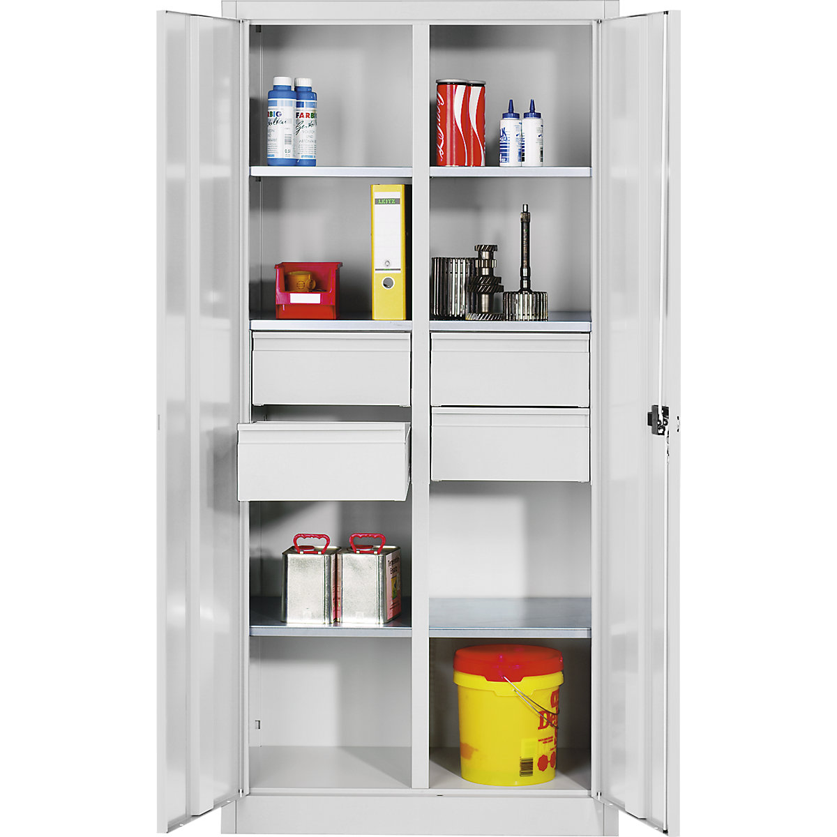 Storage cupboard made of sheet steel – C+P, 6 shelves, 4 drawers, HxWxD 1950 x 930 x 500 mm, light grey-8