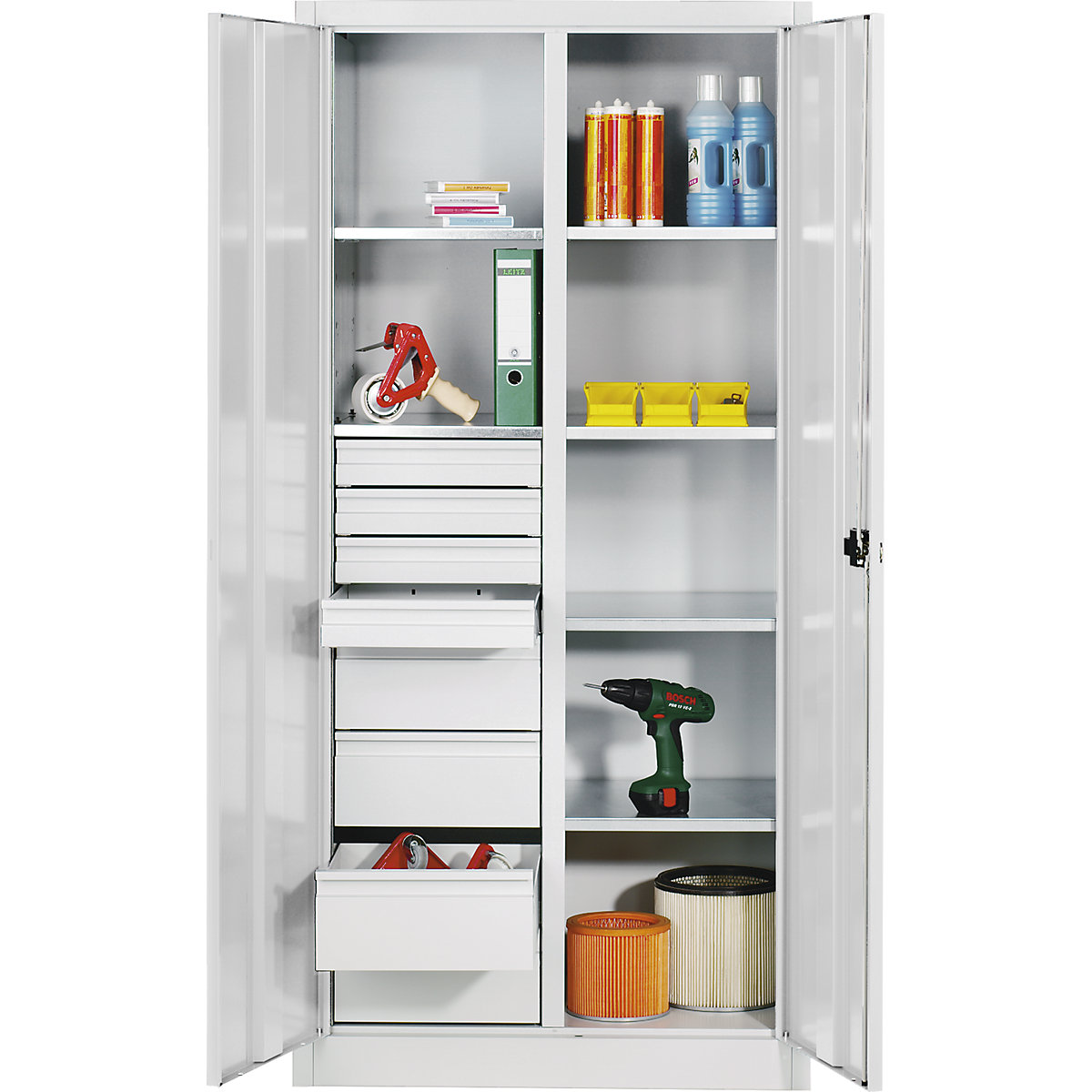 Storage cupboard made of sheet steel – C+P, 6 shelves, 8 drawers, HxWxD 1950 x 930 x 500 mm, light grey-9