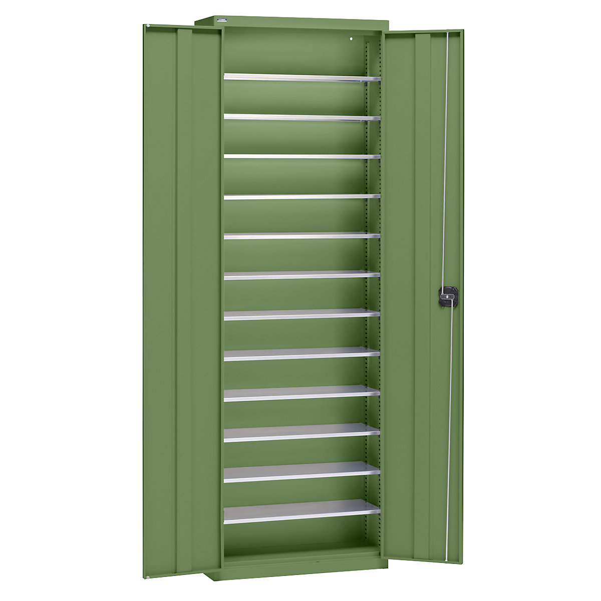 Storage cupboard made of sheet steel – eurokraft pro, height 2000 mm, reseda green RAL 6011, 12 shelves-14