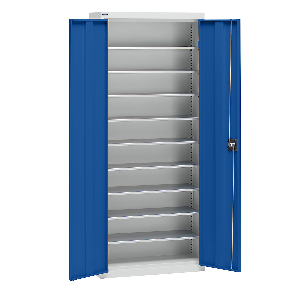 Storage cupboard made of sheet steel – eurokraft pro, height 1575 mm, light grey RAL 7035 / gentian blue RAL 5010, 9 shelves-8