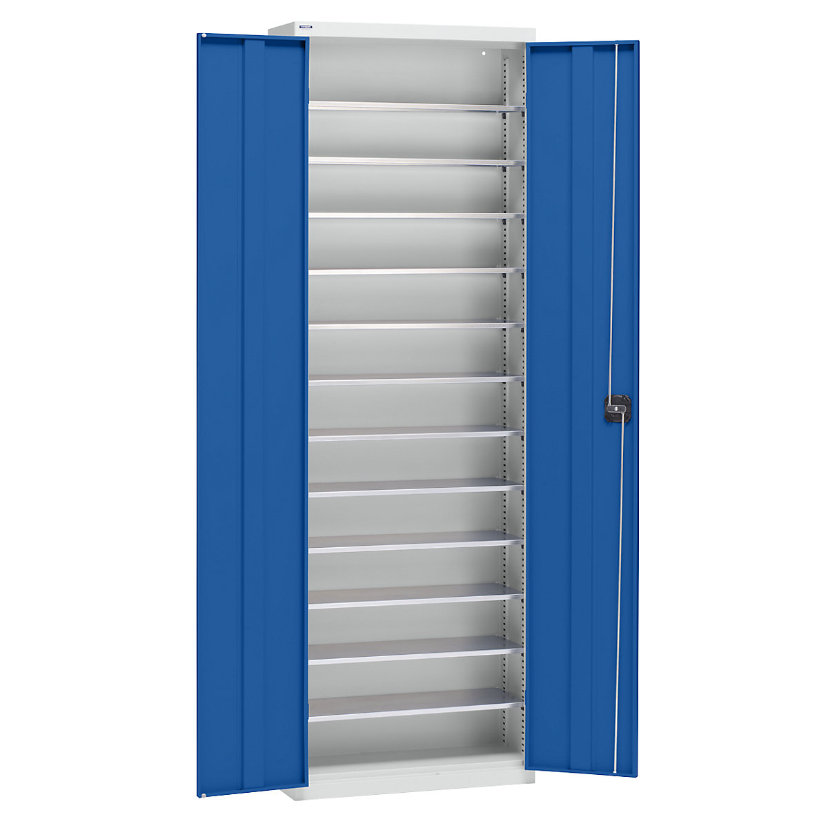 Storage cupboard made of sheet steel – eurokraft pro, height 2000 mm, light grey RAL 7035 / gentian blue RAL 5010, 12 shelves-11