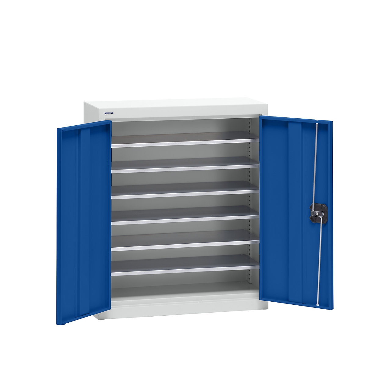 Storage cupboard made of sheet steel – eurokraft pro, height 780 mm, light grey RAL 7035 / gentian blue RAL 5010, 6 shelves-10