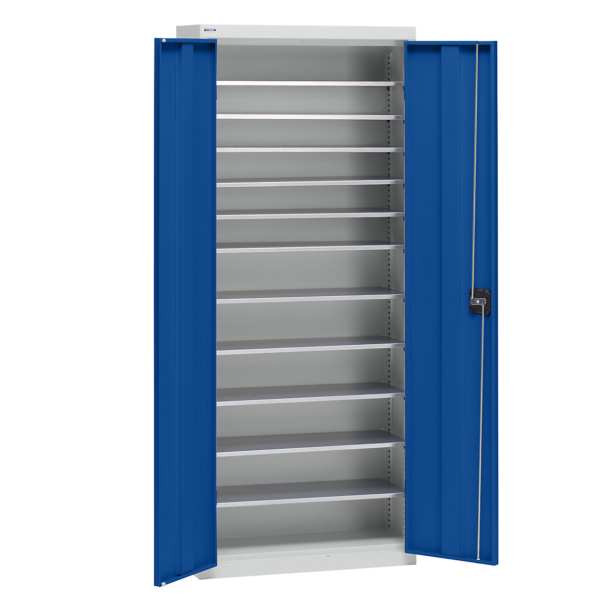 Storage cupboard made of sheet steel – eurokraft pro, height 1575 mm, light grey RAL 7035 / gentian blue RAL 5010, 11 shelves-9