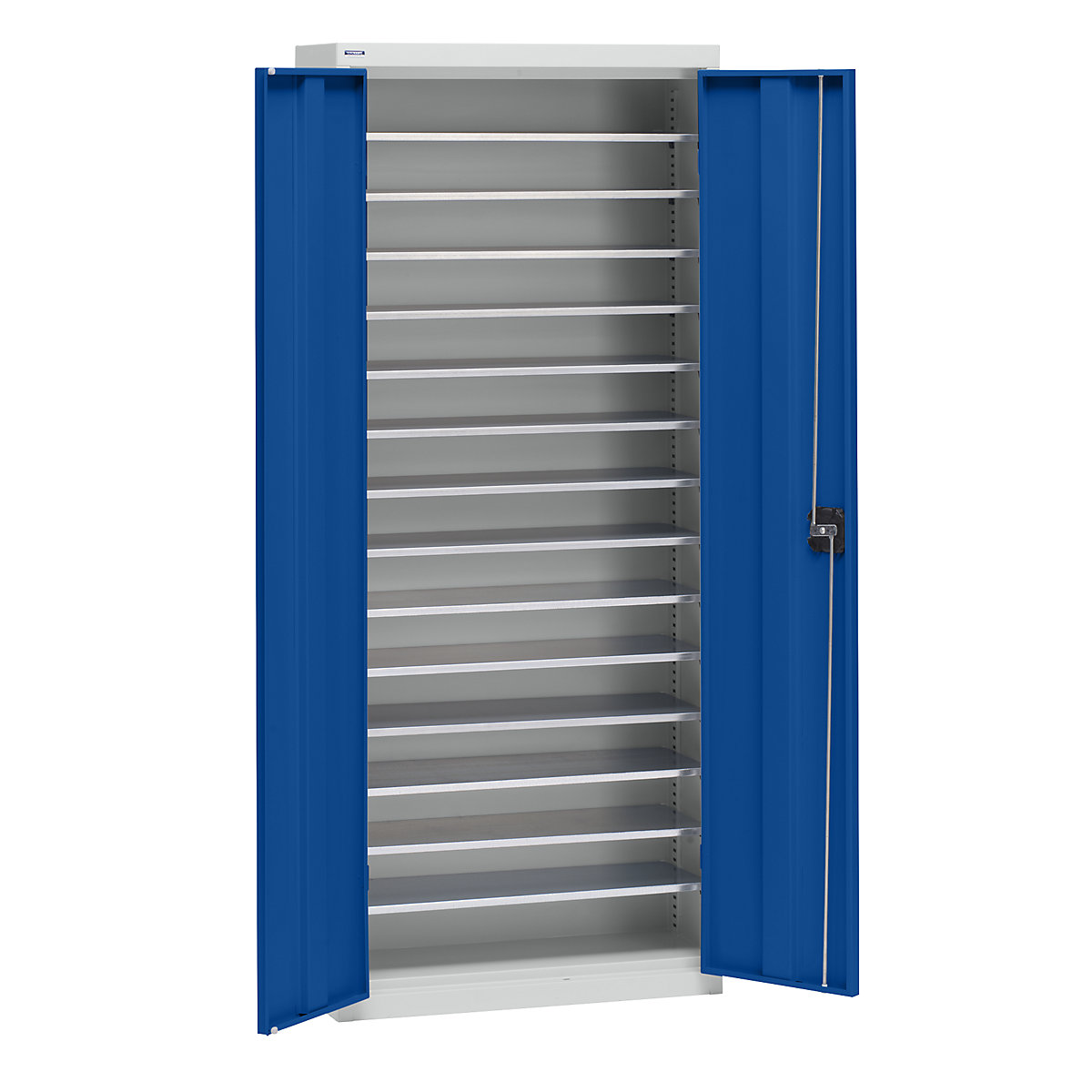 Storage cupboard made of sheet steel – eurokraft pro, height 1575 mm, light grey RAL 7035 / gentian blue RAL 5010, 14 shelves-5