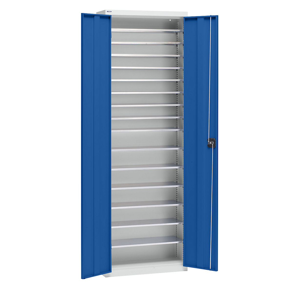 Storage cupboard made of sheet steel – eurokraft pro, height 2000 mm, light grey RAL 7035 / gentian blue RAL 5010, 15 shelves-5