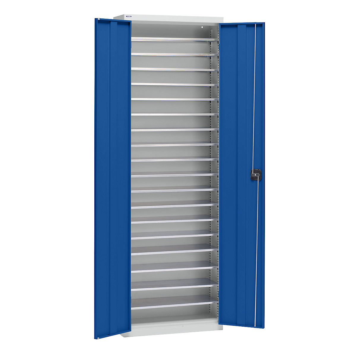 Storage cupboard made of sheet steel – eurokraft pro, height 2000 mm, light grey RAL 7035 / gentian blue RAL 5010, 18 shelves-7