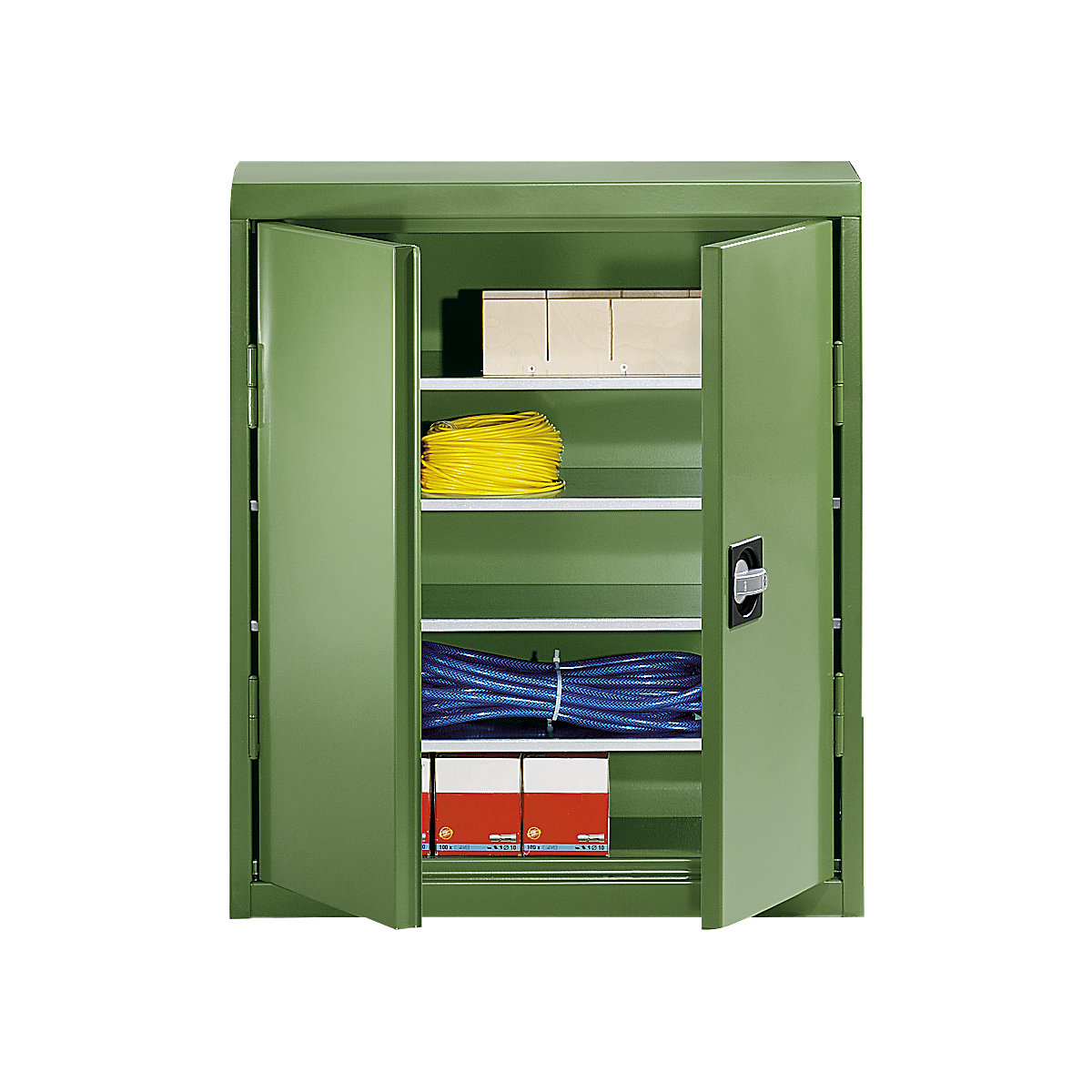 Storage cupboard made of sheet steel – eurokraft pro, height 780 mm, reseda green RAL 6011, 4 shelves-9