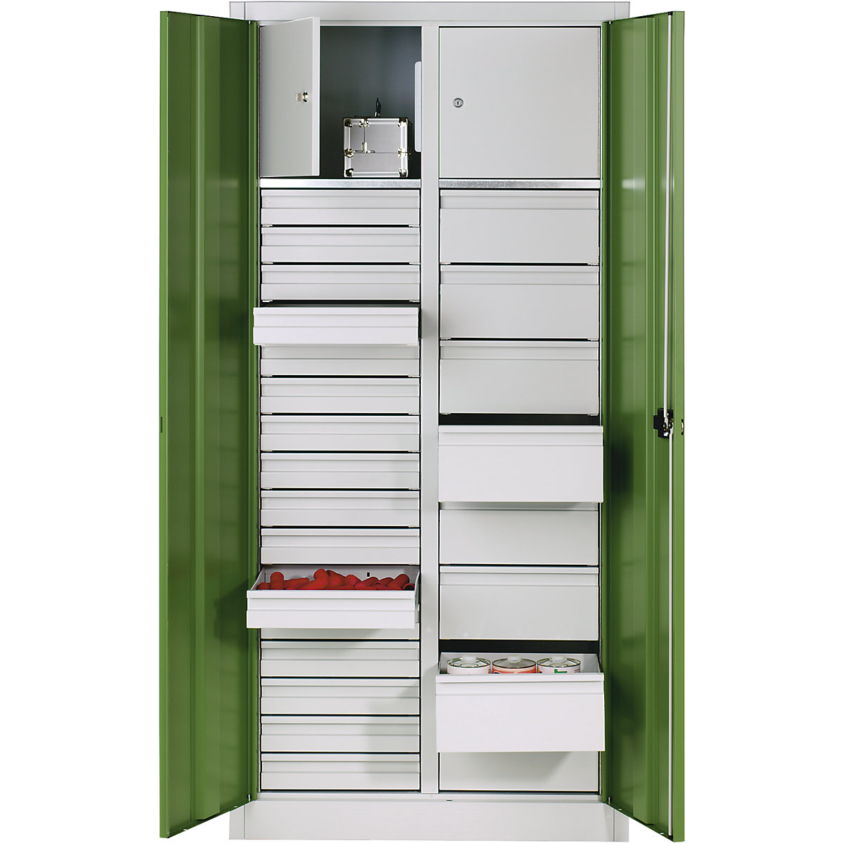 Storage cupboard made of sheet steel – C+P, 2 shelves, 24 drawers, 2 lockers, light grey/reseda green-1