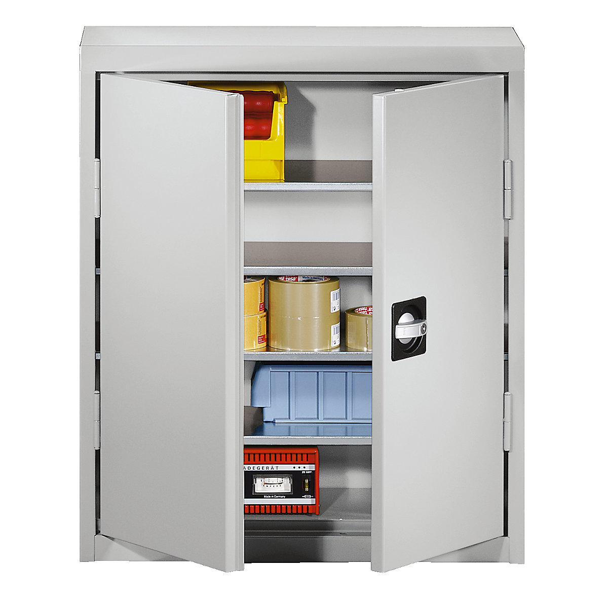 Storage cupboard made of sheet steel – eurokraft pro, height 780 mm, light grey RAL 7035, 4 shelves-6